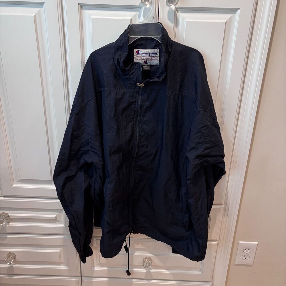 Vintage Champion Windbreaker Jacket XL Navy Blue Full Zip Oversized 90s Y2K